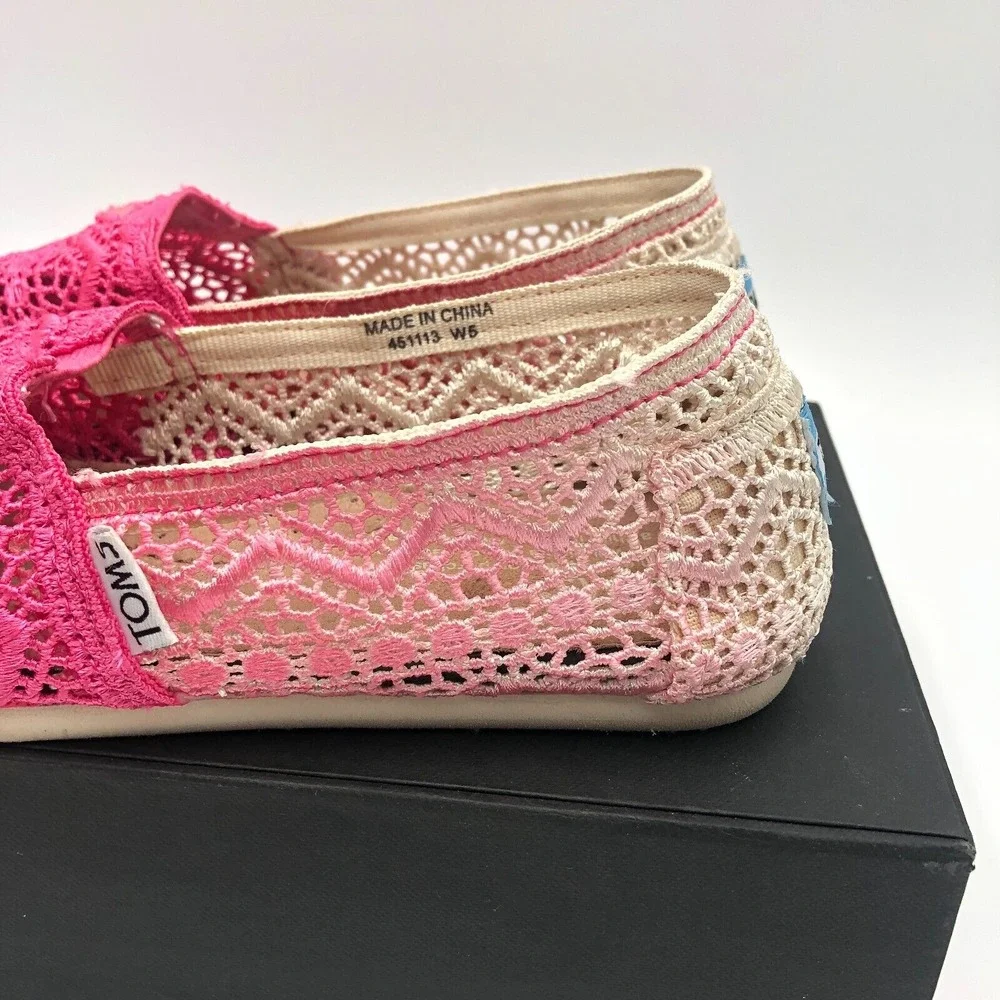 TOMS Moroccan Flat Shoes Womens Size 5 Ombre Pink Crochet Lace Slip‎ On 451113